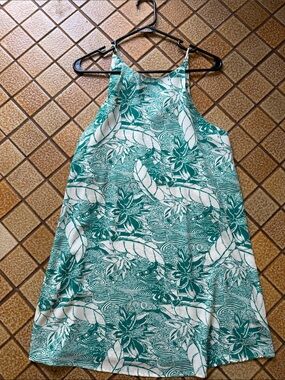 Mahina Teal & White Tropical Halter Dress